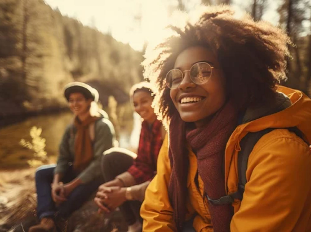 A group of three young friends hiking in the woods wearing warm clothes, ROC Orthopedics